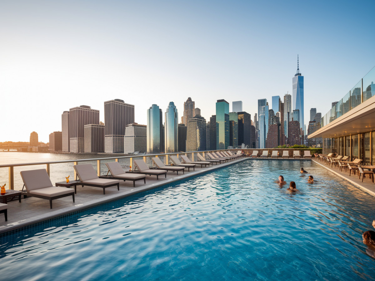 Une piscine avec vue imprenable sur Manhattan
